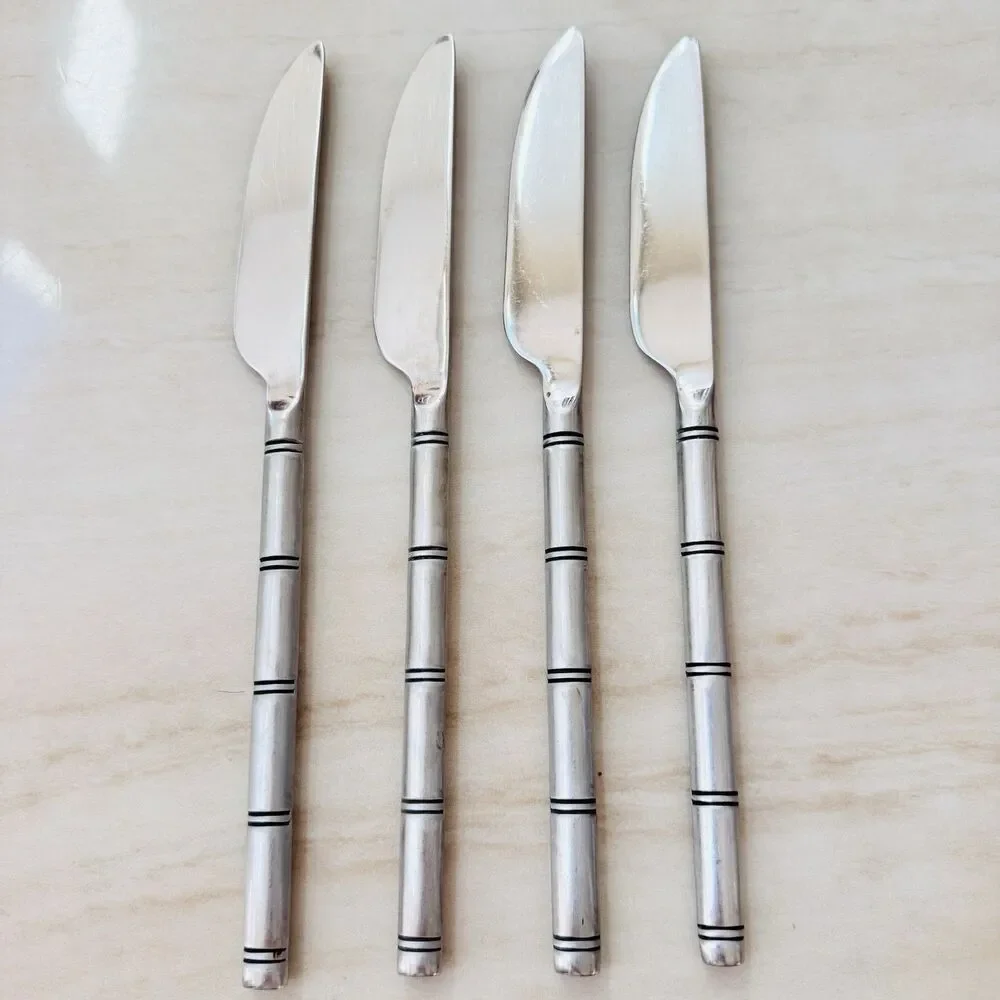 4pc Pier 1 Steak Knife 9” 18/8 Stainless Serrated Satin Ribbed/Bamboo Handle